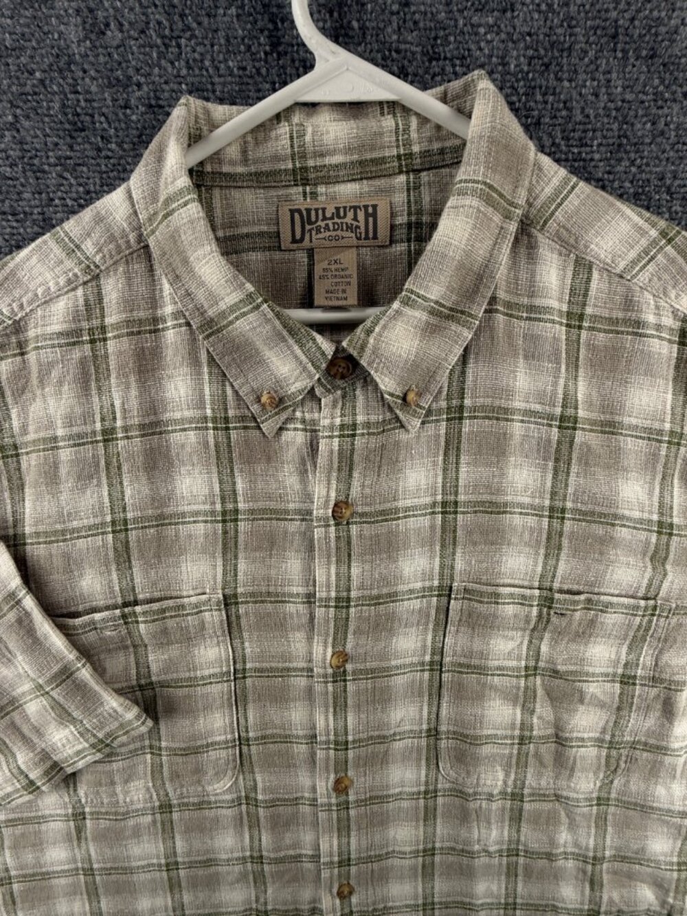 Duluth Trading Hemp Blend Shirt 2XL Short Sleeve Graygreen Beige Plaid Woven